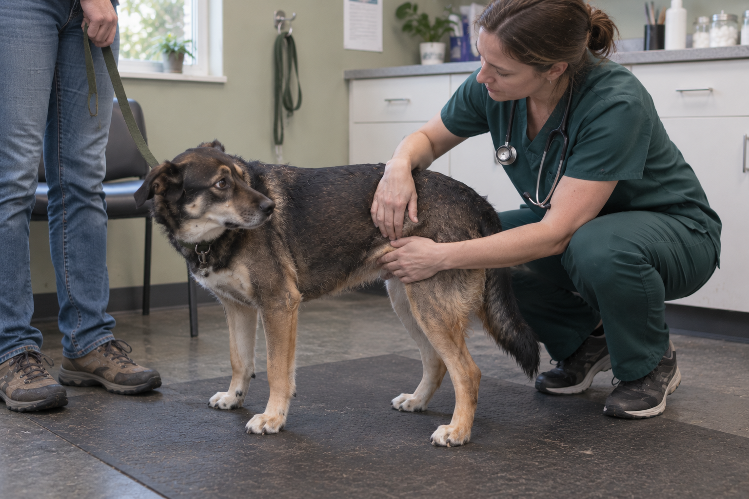 Veterinářka šetrně prohmatává břicho psa při vyšetření plynatosti